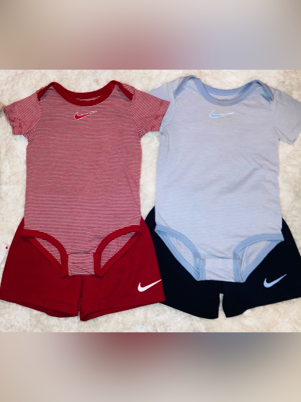 Nike Red and White Striped Baby One-Piece Bodysuit with Red Shorts